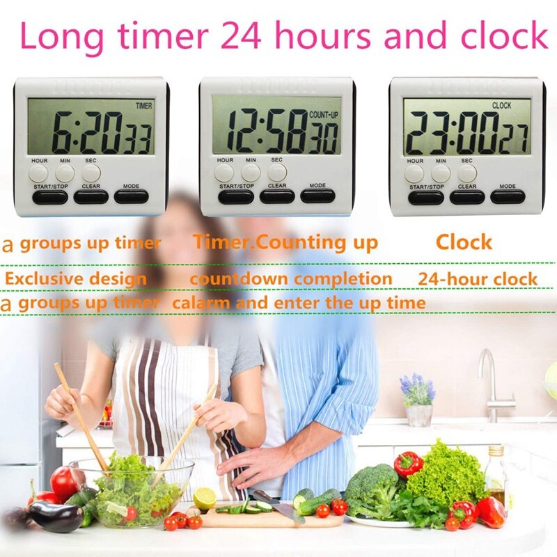 Hour Minute Second Count Up Countdown Digital Kitchen Timer, Big Digits, netic Backing, Retractable Stand, 3 Pack