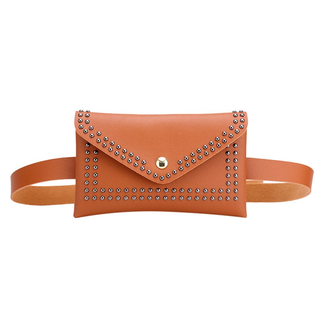 Solid Color Rivets Leather Waist Bag Women Hasp Small Mobile Pouch Chest Pocket Belt Bag Female Crossbody bag fanny pack#LR1: Brown