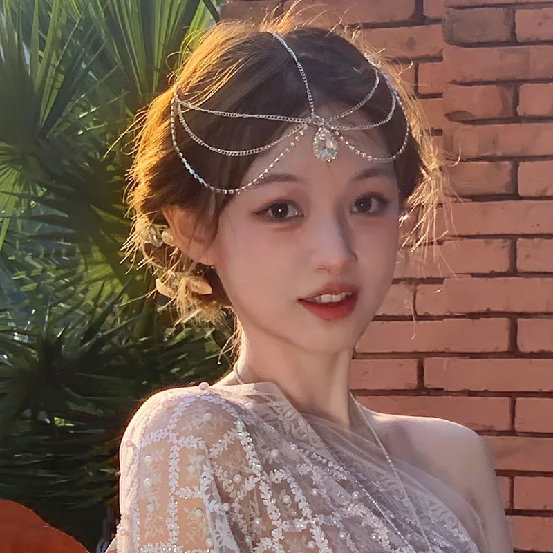 Accesorios para el cabello de joyería de lujo para mujer, cadena para la frente con borla de flores en forma de gota de agua, colgante para el cabello con piedras preciosas rojas sexys, horquilla: Verde