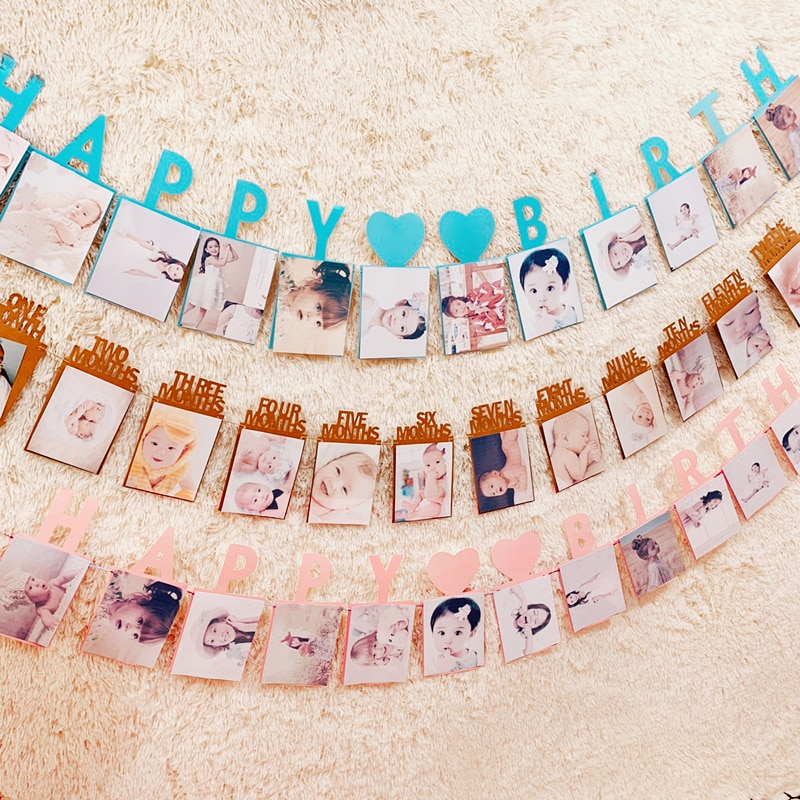 Happy Birthday Photo Frame Banner First Party Decorations 1st Baby Boy Girl My 1 One Year Paper Garland Supplies Blue 12 Months