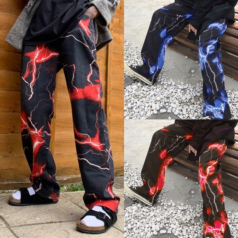 Harajuku Dark Straat Retro Bliksem Casual Broek Lente Mannen Losse Wijde Broek Broek Hip Hop Streetwear joggingbroek