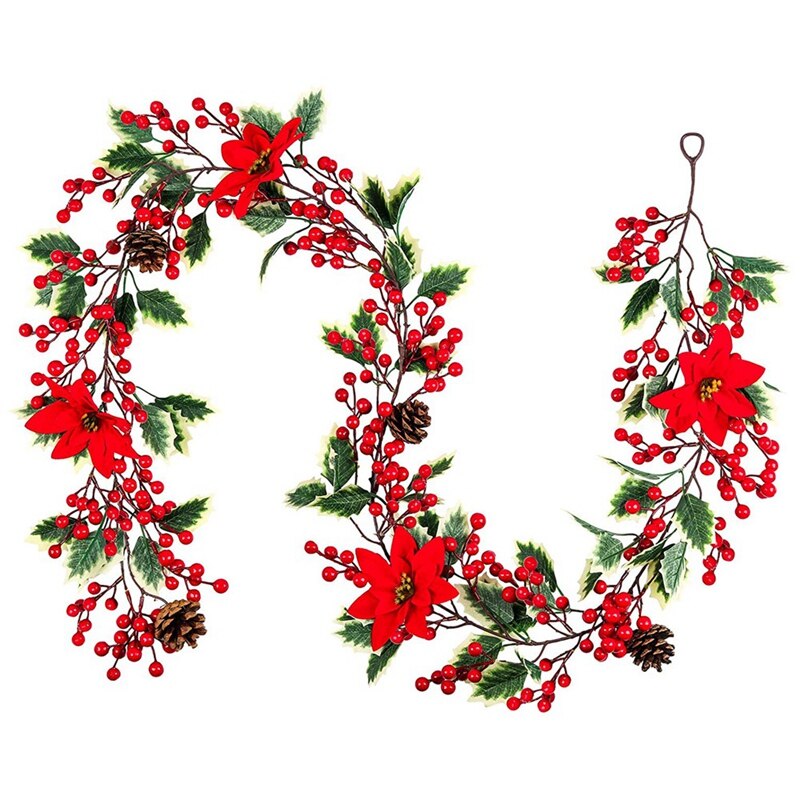 6.3FT Red Berry Christmas Garland, Artificial Poinsettia Garland,Christmas Berry Garland with Pine Cones: Default Title
