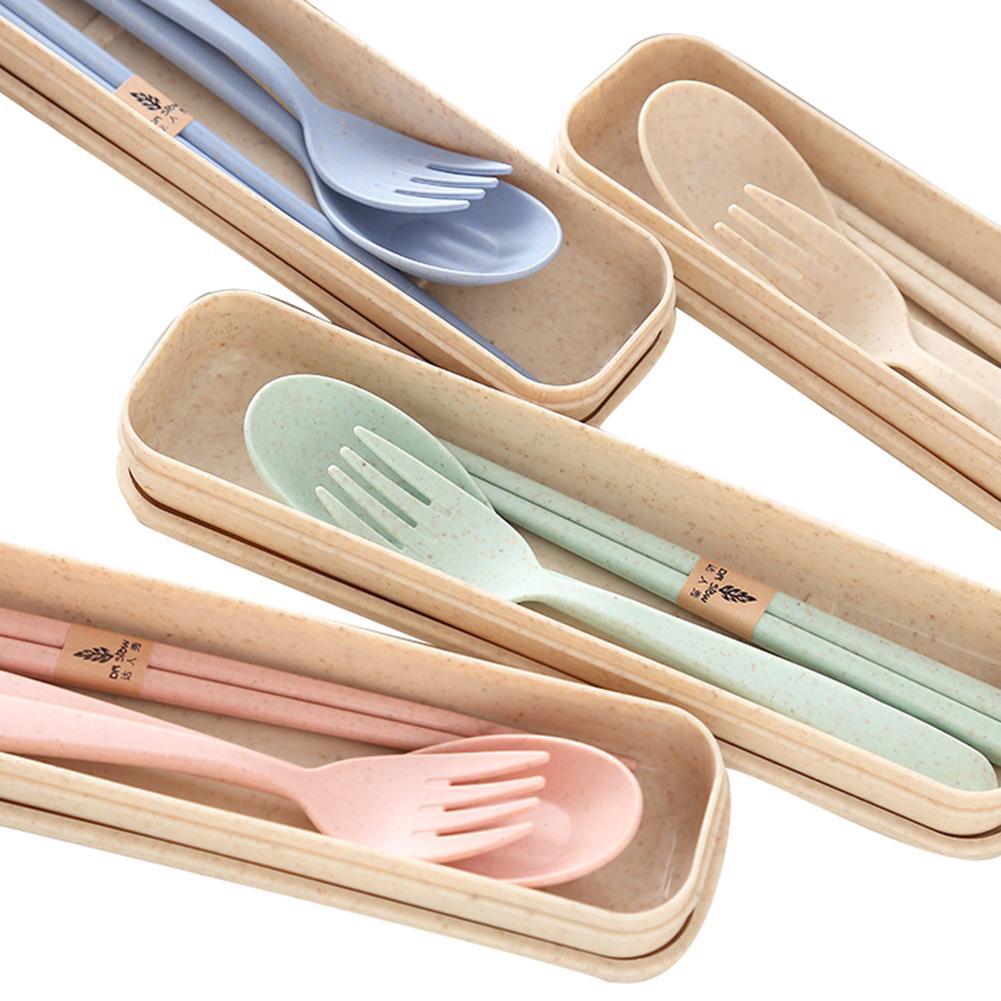 Portable Wheat Straw Cutlery Travel Fork Chopstick Spoon Camping Picnic Set