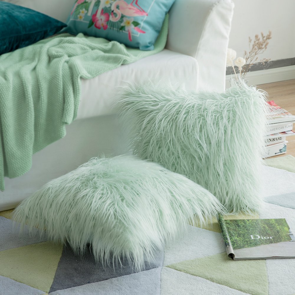 Artificial Wool Fur Sheepskin Cushion Cover Hairy Faux Plain Fluffy Soft Throw Pillowcase Washable Square Solid Pillow Case 45cm: Light green