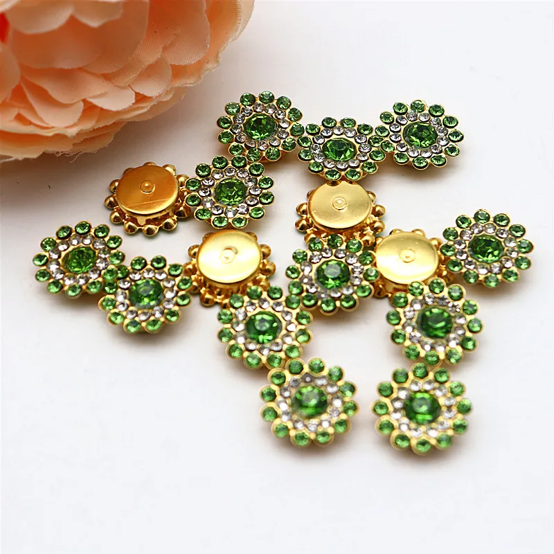Taladro de flor de sol de 14mm, placa facial redonda cosida a mano, hebilla de taladro hecha a mano, accesorios de cuentas de lazo Diy, diamantes de imitación de doble flor