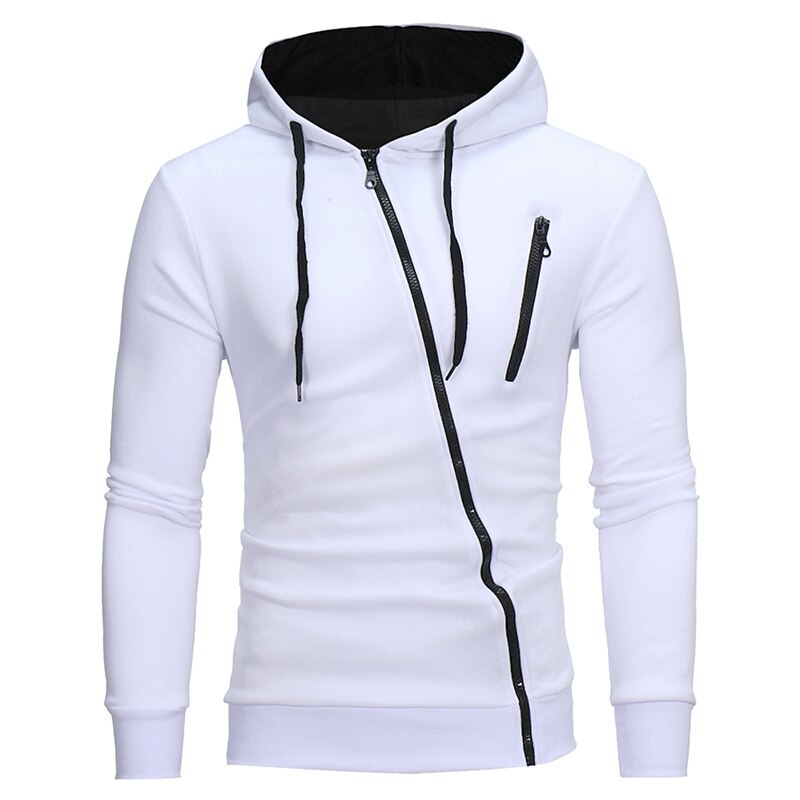 Manteau d'extérieur à capuche avec fermeture, veste de sport en plein air pour homme pull, pardessus mince à fermeture éclair oblique, vêtement d'extérieur ample, vêtements chauds: White