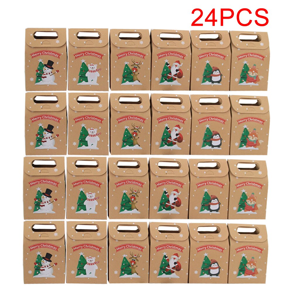 24pcs/set Christmas Party Storage Box Craft Paper Presents Candies Festival Cookies Printed Wrapping Bags Reusable Handheld