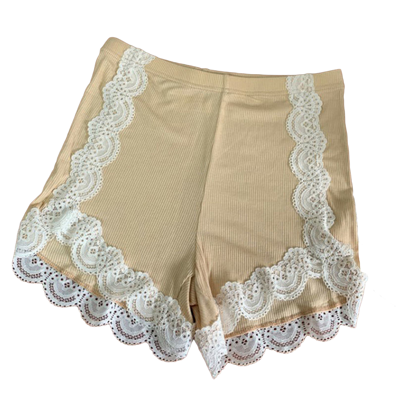 FUFUCAILLM-pantalones cortos de seguridad para mujer, pantalón adelgazante con dobladillo de encaje, cintura alta, antisnooping, ropa de verano para el hogar: Champán / L