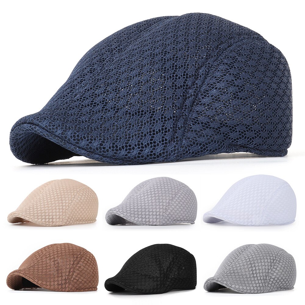 Unisex beret casual hat flat top breathable mesh hat summer solid color black white hat peaked cap sun hat