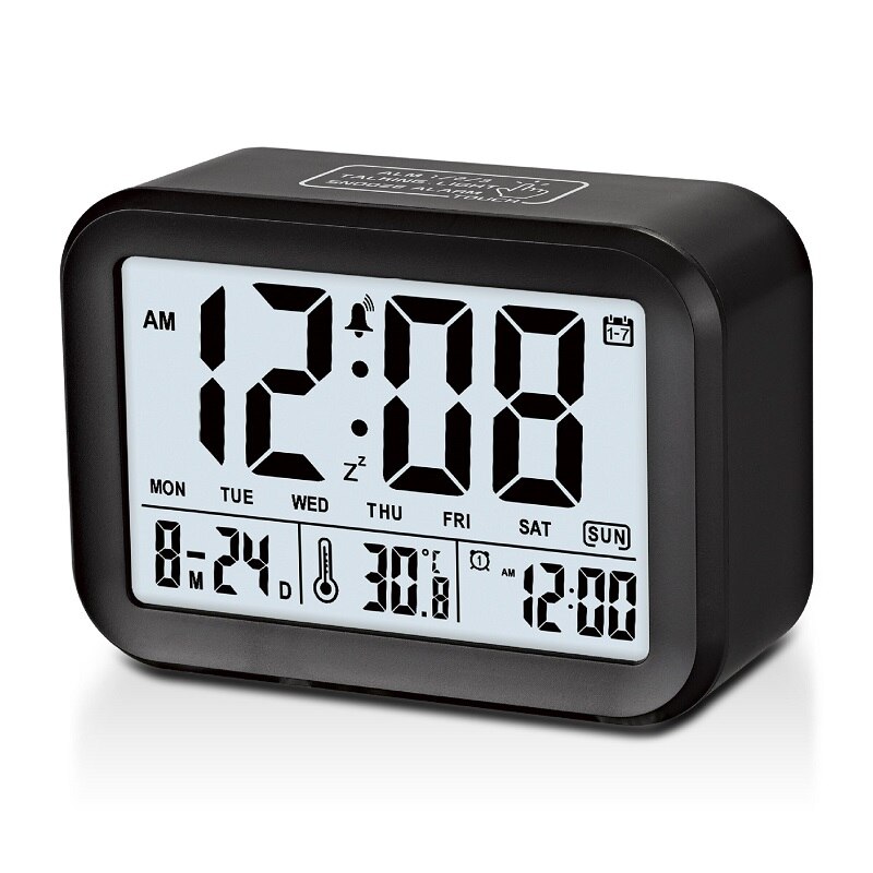 Smart Digital Alarm Clock Large LCD Display Light Sensor Nightlight Multifunction Snooze Kids Office Table Alarm Clock: black