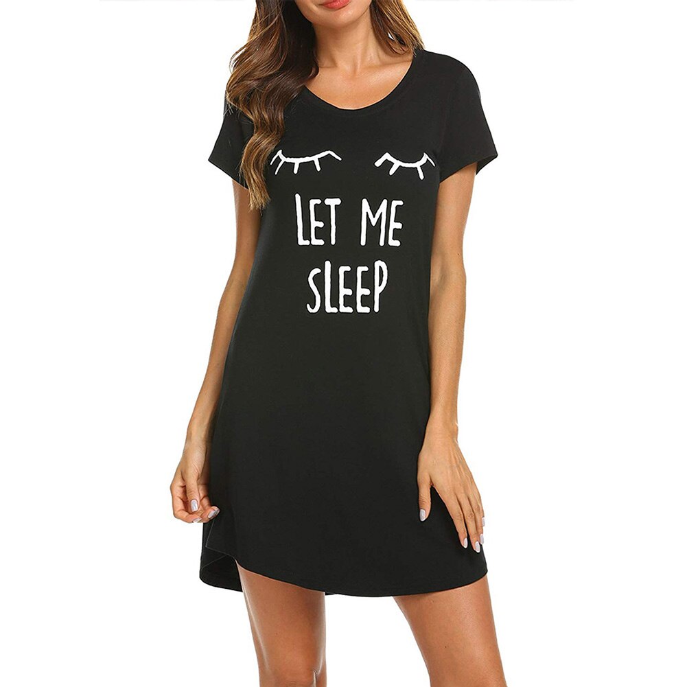 directe pyjama pour femmes chemise de sommeil mignon imprimé robe de nuit à manches courtes vêtements de nuit 24H bateau: black letters / L