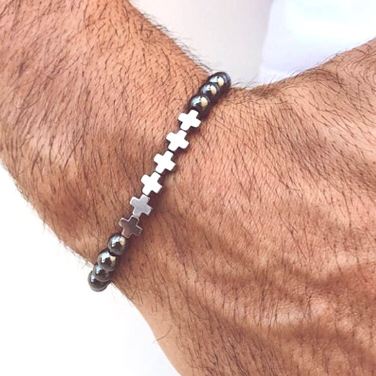 Bracelet porte-bonheur avec tête de léopard en hématite, 6mm, perles, pour hommes: BE124-2