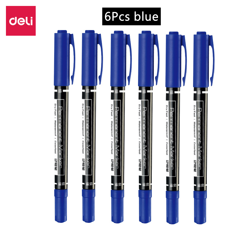 4/6/9pcs Deli Double Headed Permanent Marker Pen Set Fine Point Waterproof CD Marker Thin Nib Crude Nib 0.5mm-2mm Fine Color: Light Grey