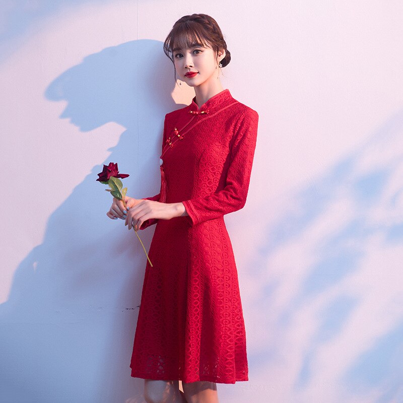 1 Stks/partij Chinese Stijl Vrouw Kanten Jurk Rood Roze Jurk Cheongsam Nieuwjaar Kerst Jurken Vrouwen Lange Mouwen Qipao