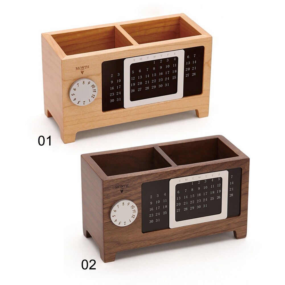 Wooden Organizer Pen Pencil Holder Case With Calendar Ornaments Table Storage Container 2 Grids Wooden Storage Box