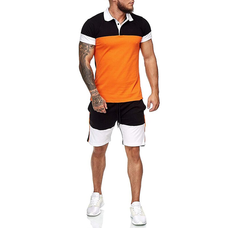 Men&#39;s Tracksuit Football Polo Shirt Short Sleeve And Shorts Sports Set Casual Sportswear Running Fitness Gym Clothing: Orange / M