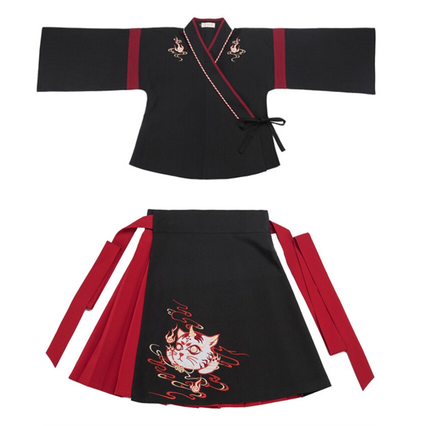 Japanischen Kimono Kleid Frau Schwarz Weiß Katze Stickerei Süße Mädchen Jahrgang Asiatische Kleidung Yukata Haori Cosplay Party 2 stück einstellen