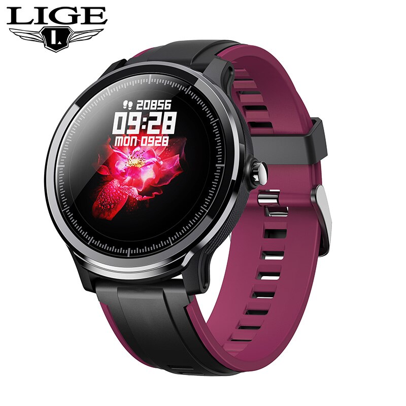 LIGE nouvelle montre intelligente plein écran tactile IP68 étanche fréquence cardiaque moniteur de pression artérielle Sport smartwatch information rappel: purple