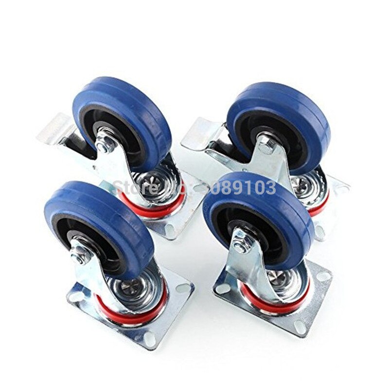 4PCS 3 inch medium duty rubber caster wheel blue rubber caster wheel with brake