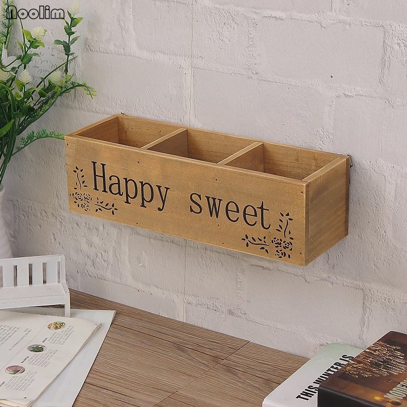 NOOLIM Retro Solid Wood TV Remote Control Storage Rack Sundries Storage Box Living Room Multi-grid Wall Hanging Wooden Holder: D