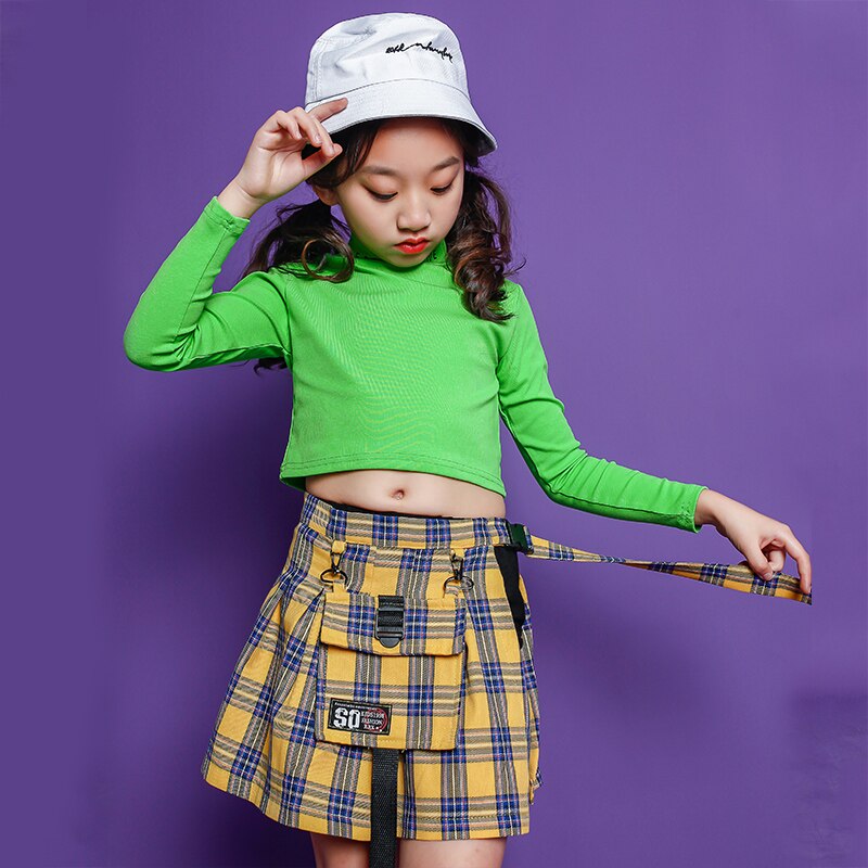 Kids Ballroom Hip Hop outfits Sweatshirt plaid Skirt dancing clothing Girls carnival Jazz Dance Costume Clothes Stage Wear