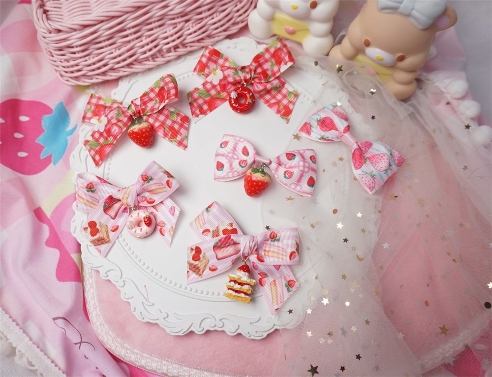Horquilla de fresa dulce para niña y mujer, accesorios para el cabello de Lolita, a cuadros, lazo de encaje, pinza para el pelo de postre, D284
