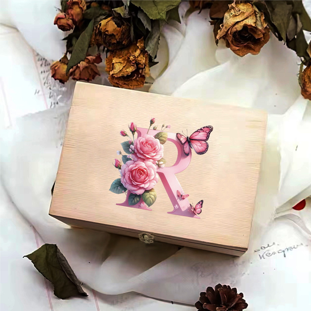 Wooden Storage Box With Hinged Lid Durable Multifunctional Case Crafts Jewelry Boxes For Household Pink Butterfly Letter Pattern: Chocolate
