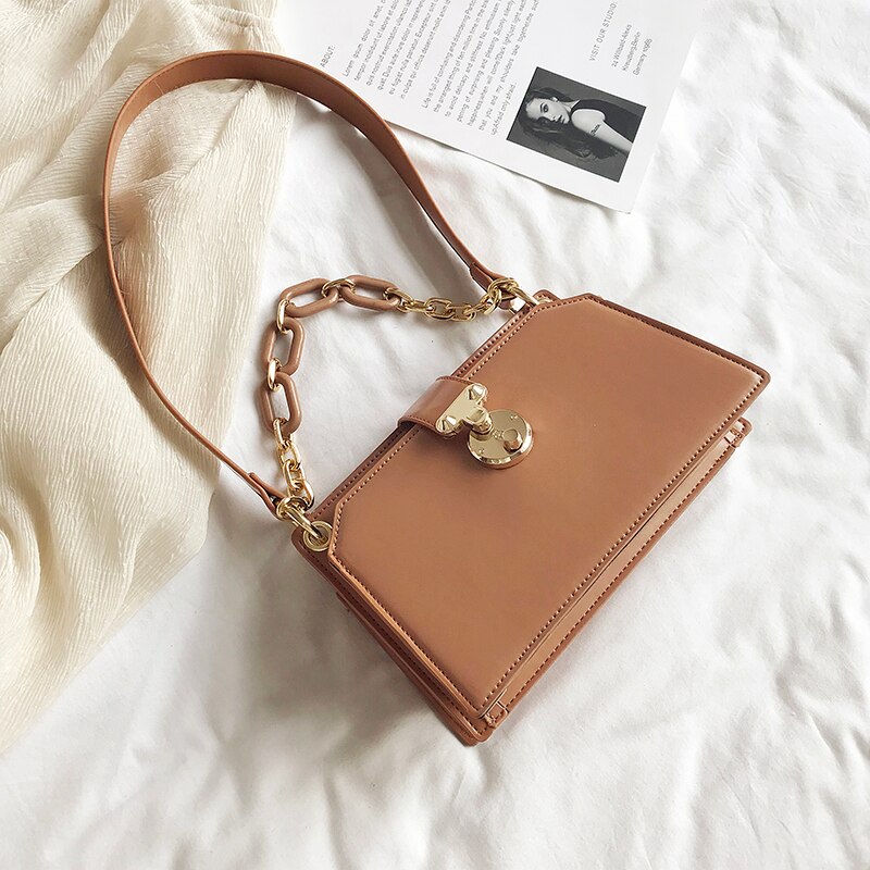 Thick Chain Pu Leather Shoulder Bags For Women Simple Handbags Female Handbags Lady Hand Bag: Brown