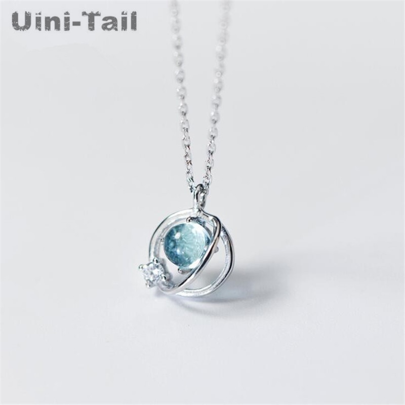Uini-tail 925 sterling sølv blå aurora planet halskæde temperament sød enkel blå planet smykker  ed192