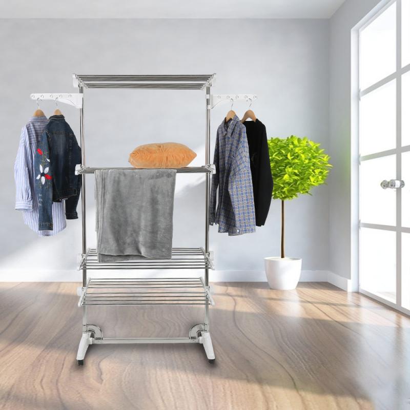 Stainless Steel Clothes Rack Four-layer Drying Rack Foldable Feet Easy To Assemble With Pulleys Sturdy Storage Laundry Hanger