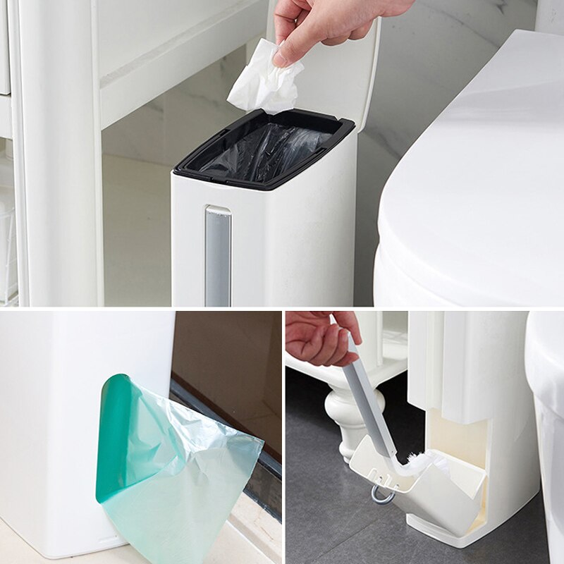 Household Bathroom Integrated Trash Can Multi-Functional Narrow Garbage Bucket With Toilet Cleaning Brush Toilet Trash Can Set