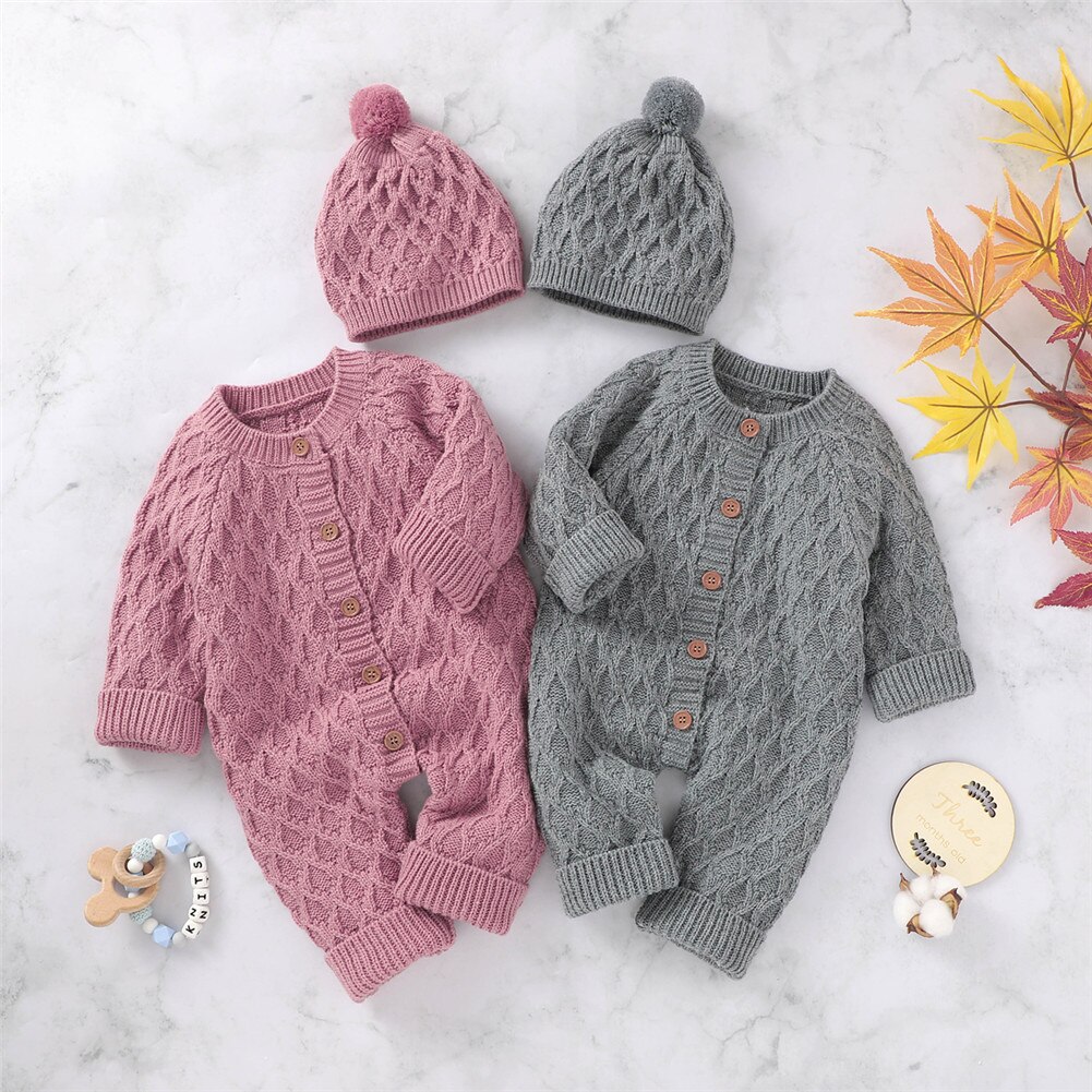 Focusnorm 0-18M Winter Baby Meisjes Jongens Trui Rompertjes Lange Mouwen Single Breasted Solid Warm Jumpsuits Hoeden