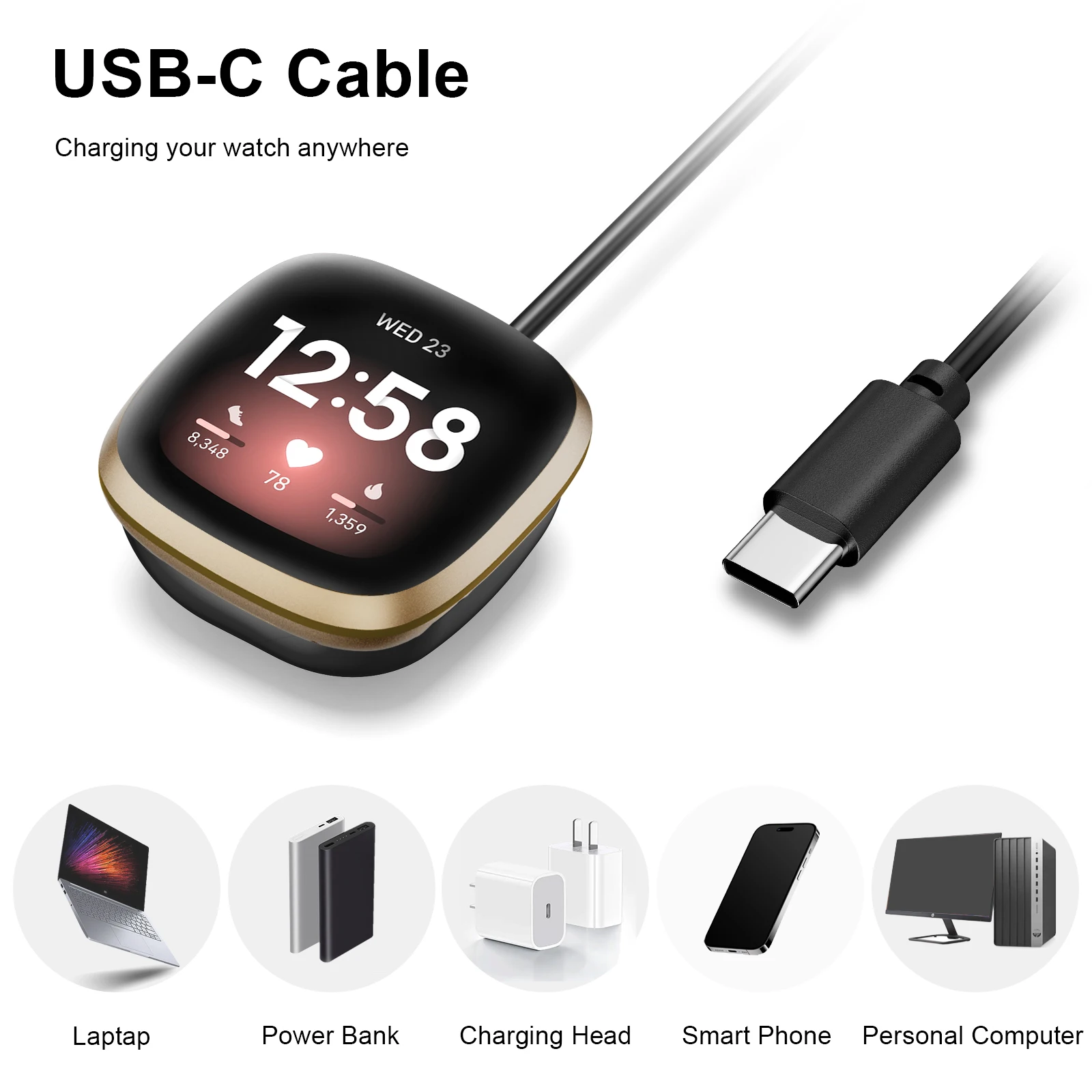 Usb-c-stekker oplaadstation voor fitbit versa 4/, versa 3/ sense 2 en 1 magnetische oplaadkabel voor fitbit versa 4 , versa 3/ sense 2 horloge-oplader