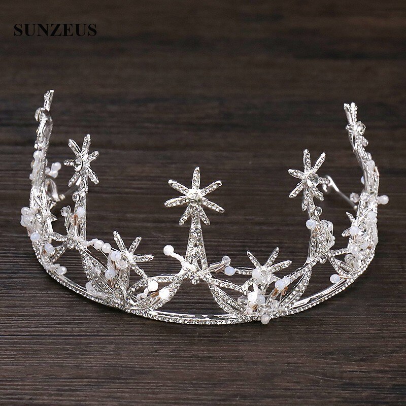 Corona nupcial de plata con cristales, Tiara con estrellas brillantes, diadema, accesorio de boda, Reina, SQ0328