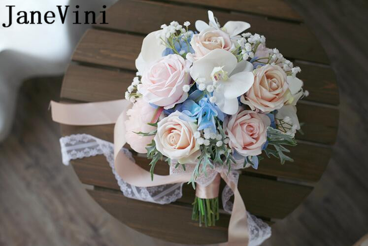 JaneVini Kunstmatige Orchidee Bruidsboeket Champagne Roze Rose Bloemen Broche Blauwe Hortensia Bruidsboeketten Fleur Mariage