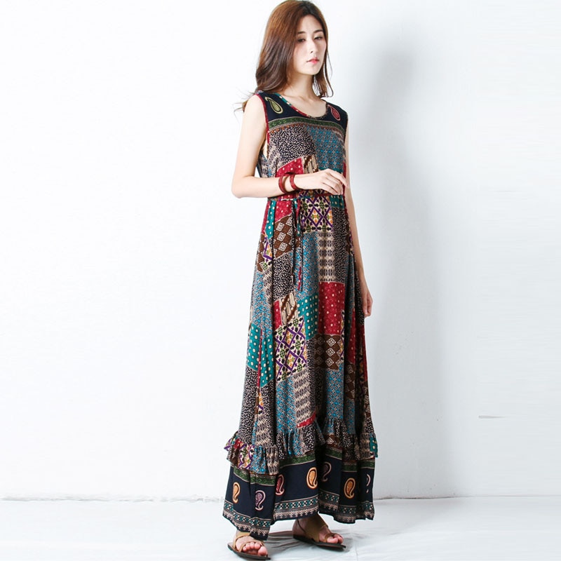 ZANZEA verano dibujo bohemio mujeres cuello redondo sin mangas suelta playa Maxi vestido largo volantes Casual Sundress de talla grande