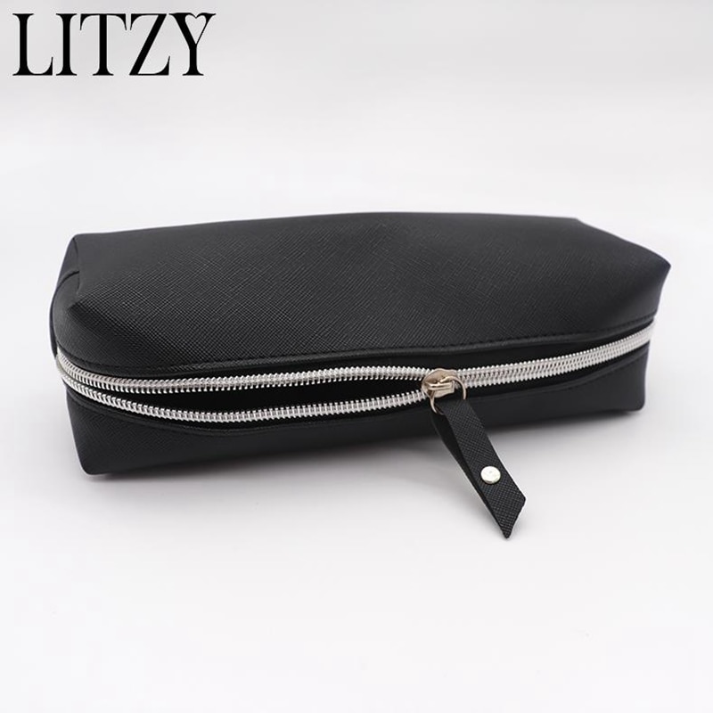 Black Big Pencil Case For Boys Girls Cute Big Capacity Zipper Pencil Box School Supplies Leather PU Pencil Case Cosmetic Bag