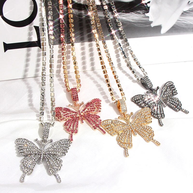 Caraquet Bling Crystal Tennis Chain Choker Necklace for Women 4 Color Rhinestone Big Butterfly Pendant Necklace Bijoux