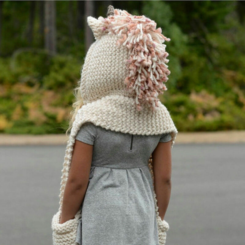 Trend Unique Unicorn Hooded Scarf Animal Girls Children Hoodie Cowl Crochet Knitted Kids Autumn Winter Scarves