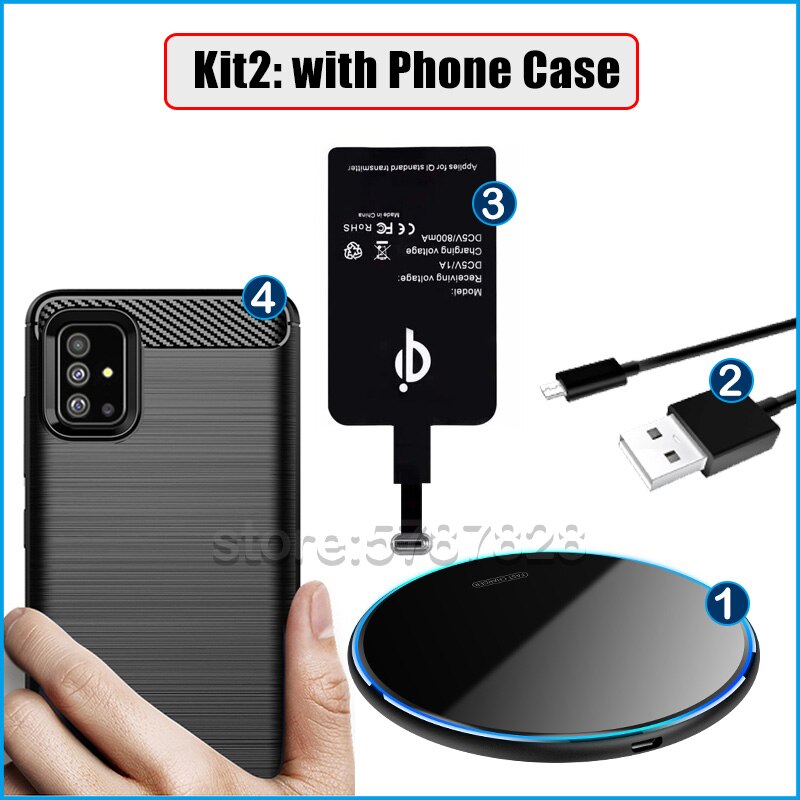 Wireless Charging for Samsung Galaxy A21 A31 A41 A51 A71 5G Wireless Charger Pad+Qi Receiver Type-C Phone Charging Adapter: A71 / Kit2- with Case