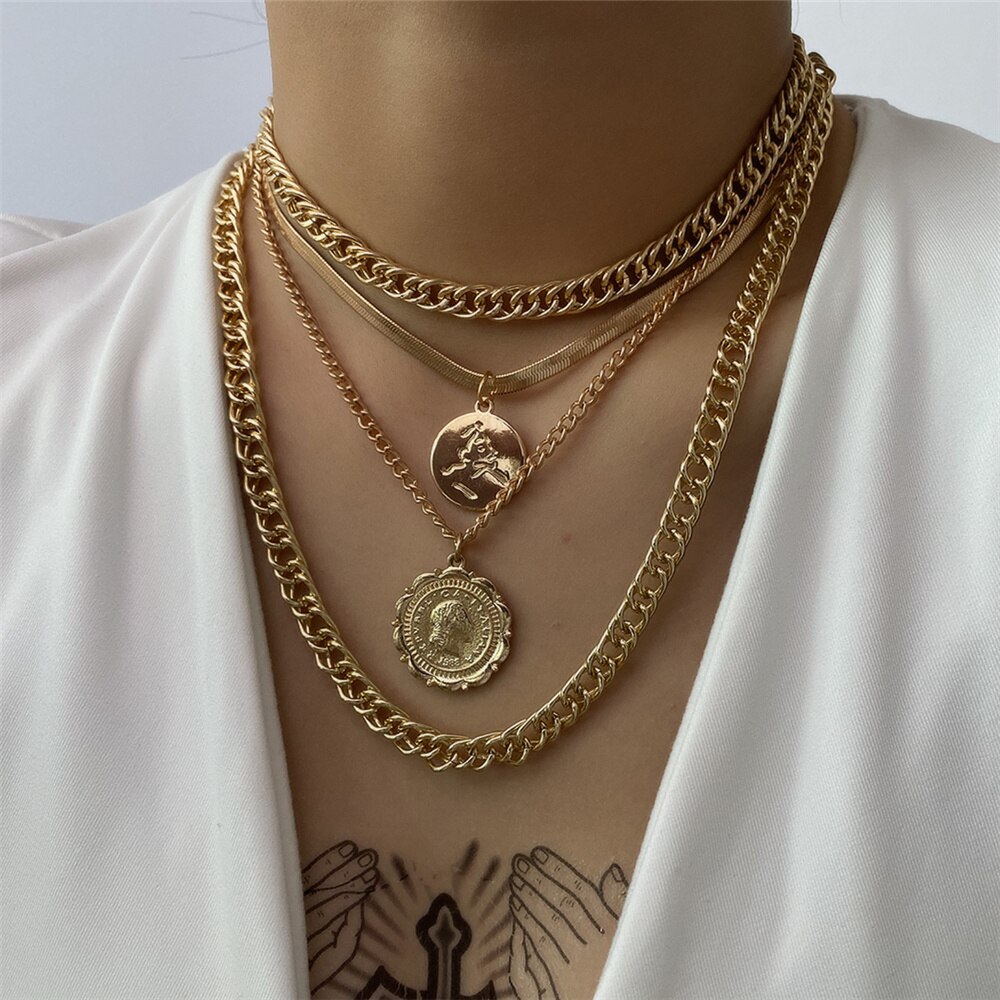 Lote de 2 unidades de COLLAR COLGANTE con retrato Vintage para mujer, gargantilla de cadena gruesa cubana multicapa, collar llamativo joyería para ,