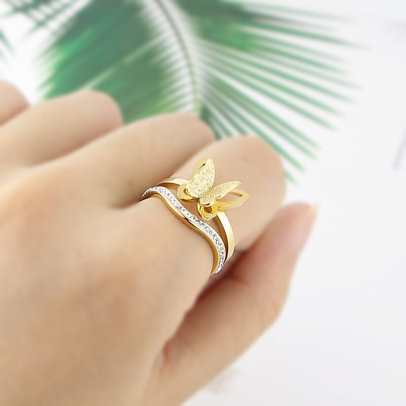 Koreanischen Stil edelstahl Schmuck matt Schmetterling Kristall Ring Frau Party Liebe Gft
