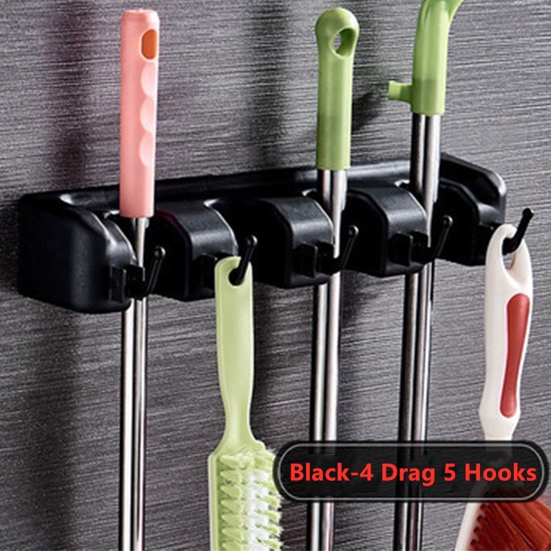 Soporte de plástico ABS para escoba de baño, herramienta mágica para fregona, estante para fregona de cocina, multifuncional, con gancho: Black 4 tow 5 hooks