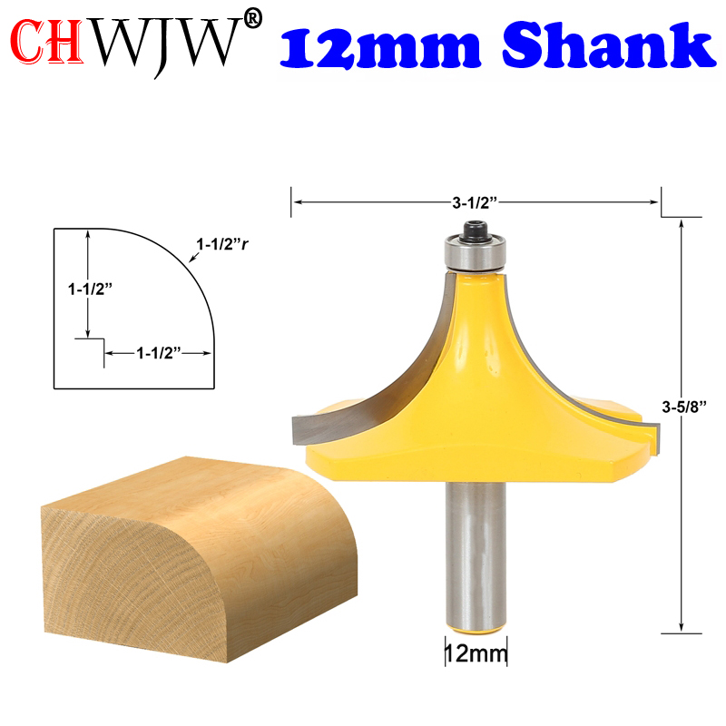 CHWJW 1PC 1/2" 12mm Shank Round Over Edging Router Bit - 1-1/2" Radius Wood Cutting Tool woodworking router bits: 12mmShank