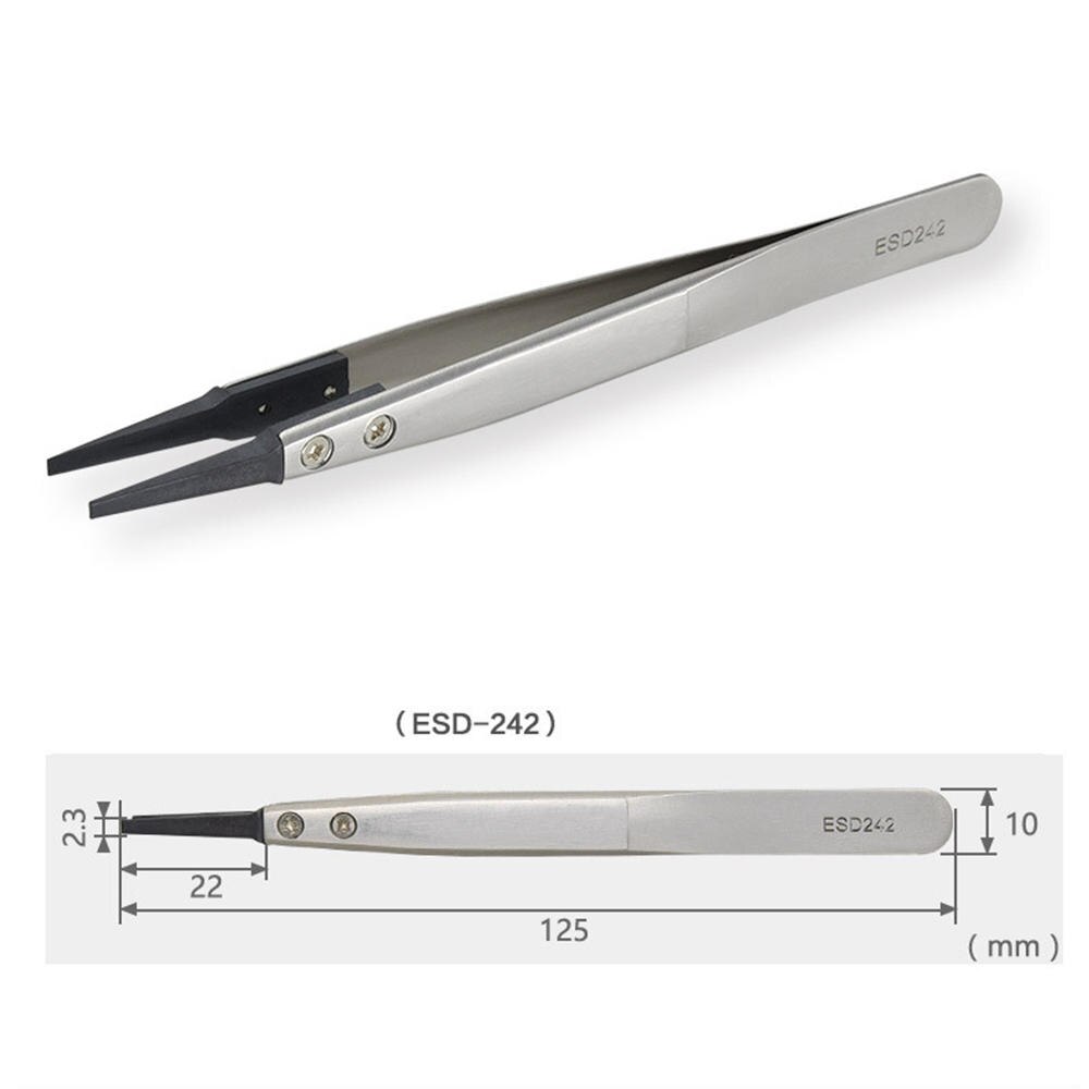 1pcs ESD Anti-Static Tweezers With Replaceable Tips Full Stainless Steel Body Carbon Fiber Conductive Plastic: ESD-242
