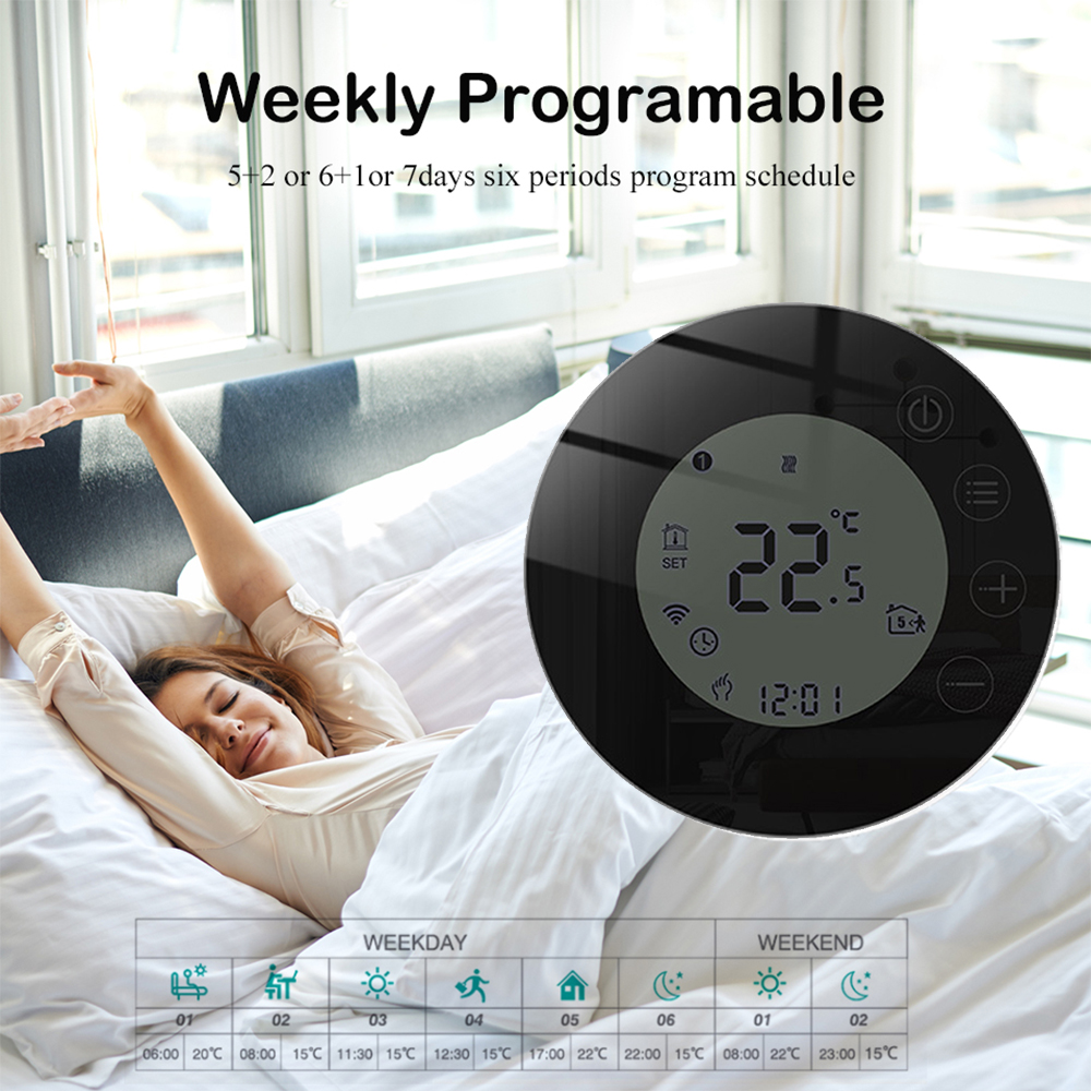 Beok – Thermostat WIFI pour maison intelligente, rond Tuya, pour chauffage au sol, régulateur de température, 220V, noir, Alexa Google Home