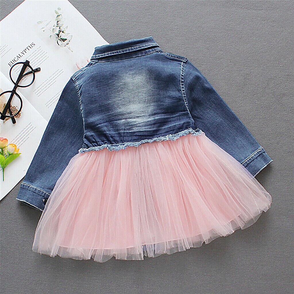 Kinderzomerkleding peuter babymeisjes denim jurk lange mouw feest casual tutu chiffon patchwork kinderjurken 6m-4t
