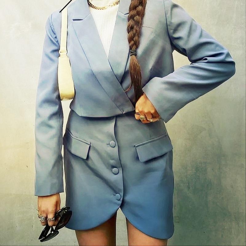Falda azul para mujer, trajes a la de 2 botones, Chaqueta corta con bolsillos de imitación, minifaldas, conjuntos elegantes para mujer