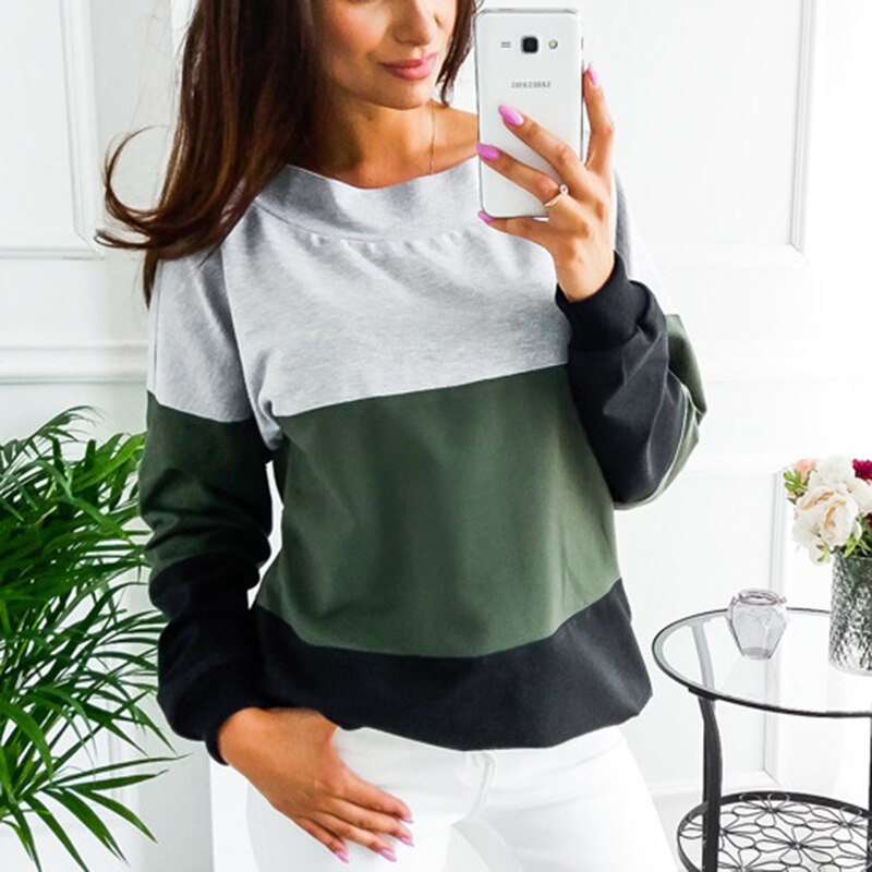 Female Pullovers Tops Sport Colors Patchwork Women O-Neck Sweatshirts Back Lace-up Long Sleeve Tennis T-Shirt