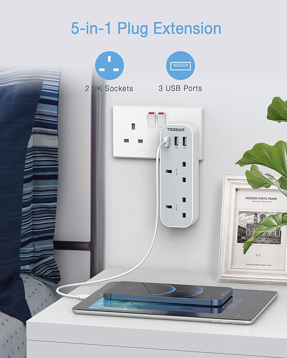 6 Ways UK Multi Plug Power Strip with 3 USB Charging Ports and 3 UK Outlets Wall Socket 100-250V Electrical Charger for Phones